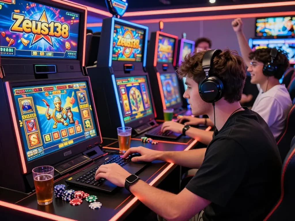 Engaging gaming atmosphere at Zeus138 with players immersed in online slot games, surrounded by vibrant graphics and excitement.