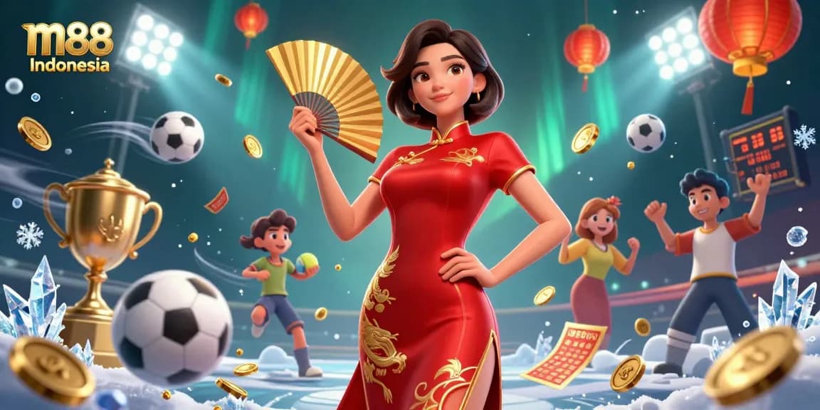 Keterlibatan dalam taruhan dan permainan mendebarkan di m88 Indonesia dengan ilustrasi digital yang cerah dari elemen kasino.
