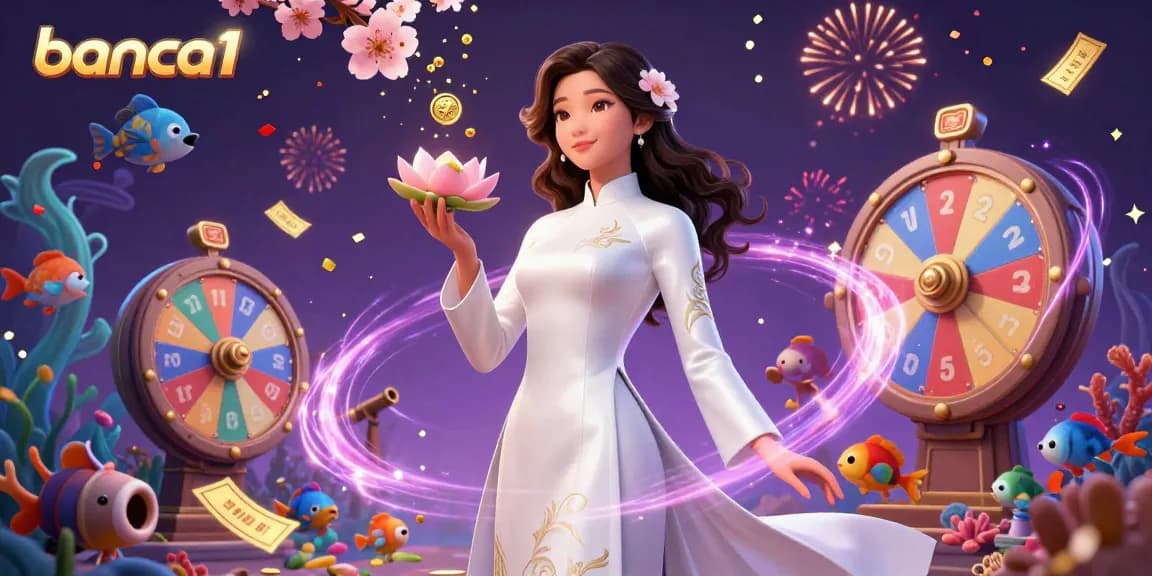 banca1 showcases an elegant woman in a vibrant fish shooting game surrounded by colorful sea creatures and lottery elements.