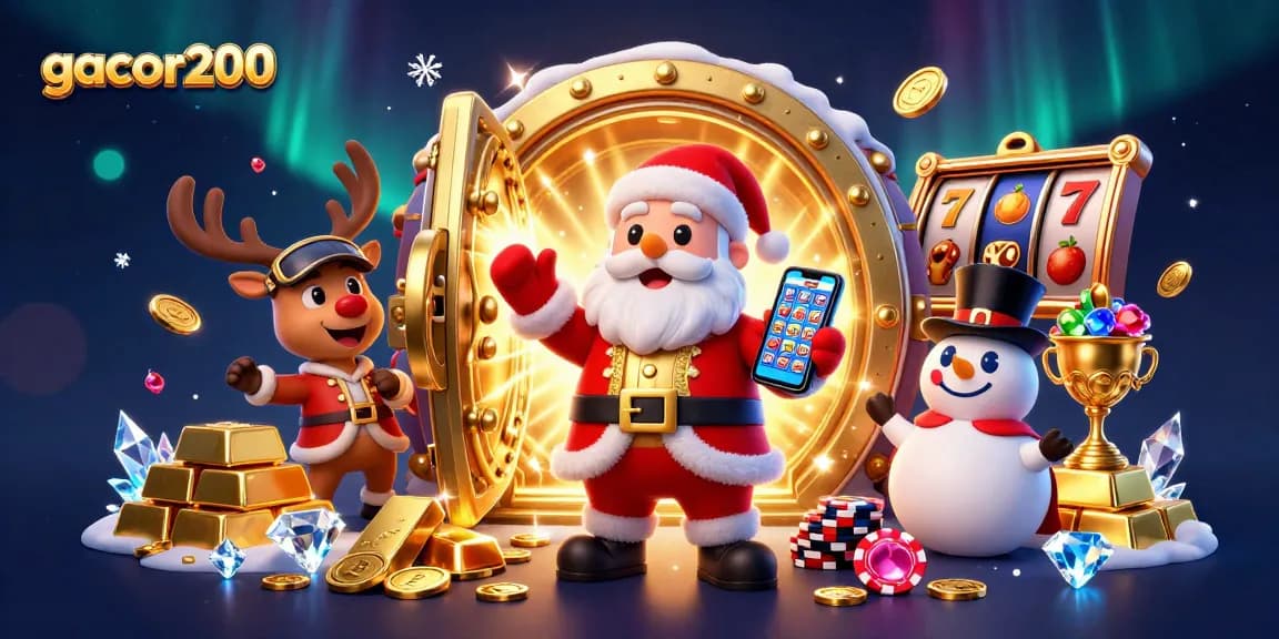 Win big at gacor200 with Santa and friends in this vibrant casino scene featuring jackpot slots.