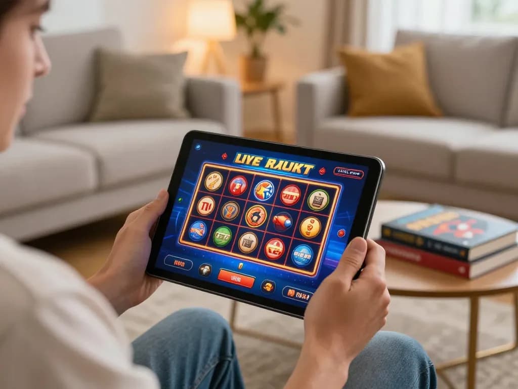 A player enjoying 32win live casino slots on tablet in a cozy home setting