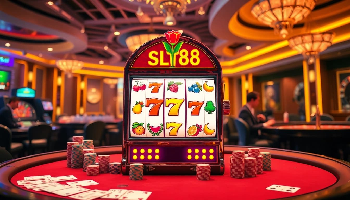 Experience thrilling gameplay with slot88 machines surrounded by vibrant casino tables and ambiance.
