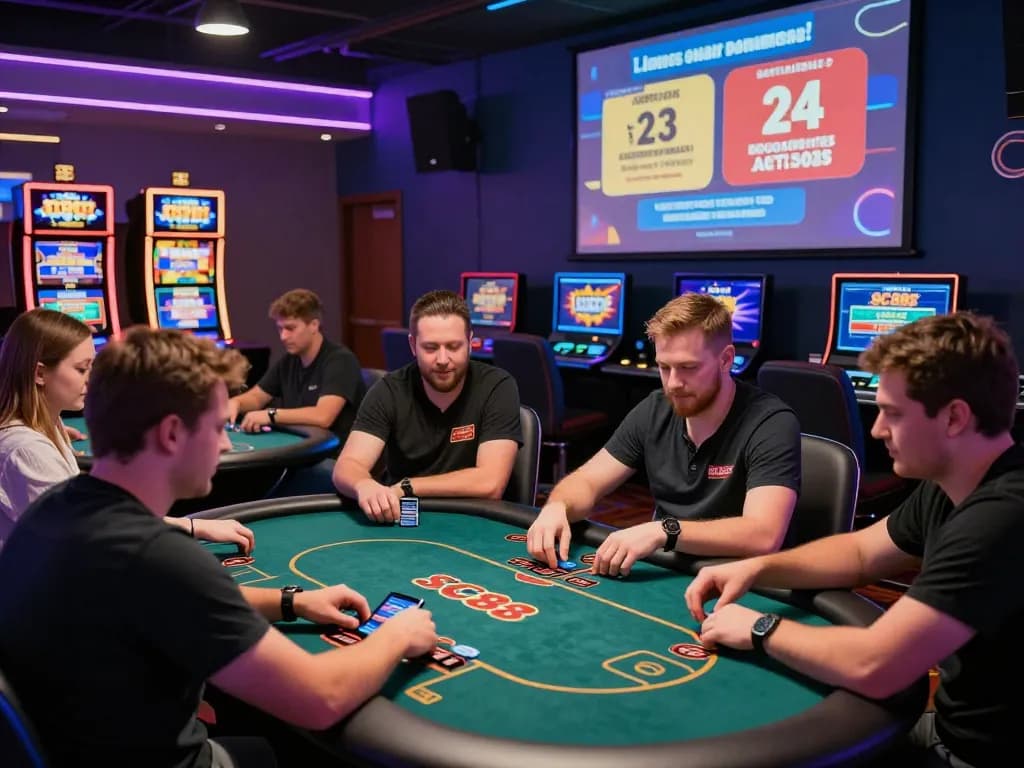 Engaged players enjoying various games at SC8888 online casino, celebrating wins under vibrant neon lights.