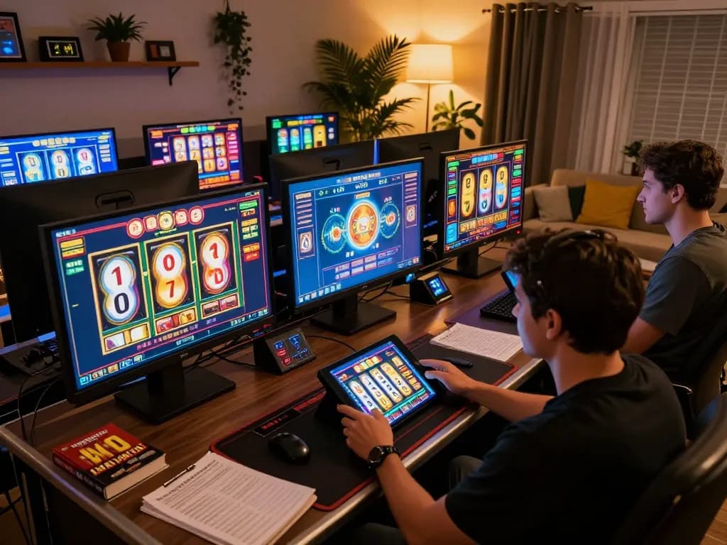 Engaging gameplay on slot online interfaces through multiple screens at a cozy home setup.