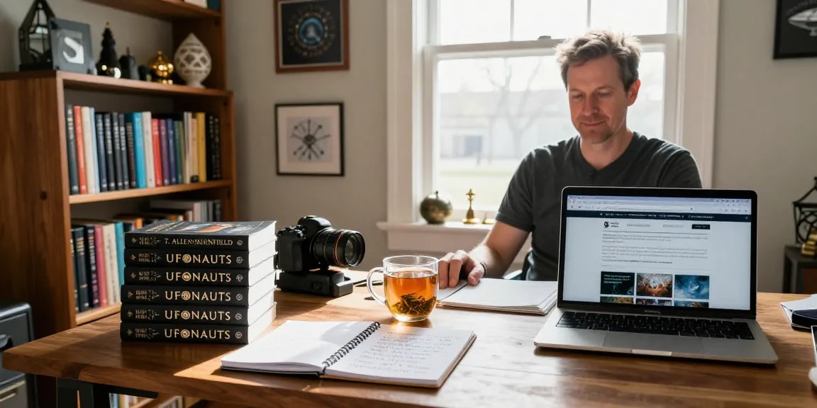 T. Allen Greenfield at his workspace with books and notes from https://tallengreenfield.com, showcasing a cozy writing environment.