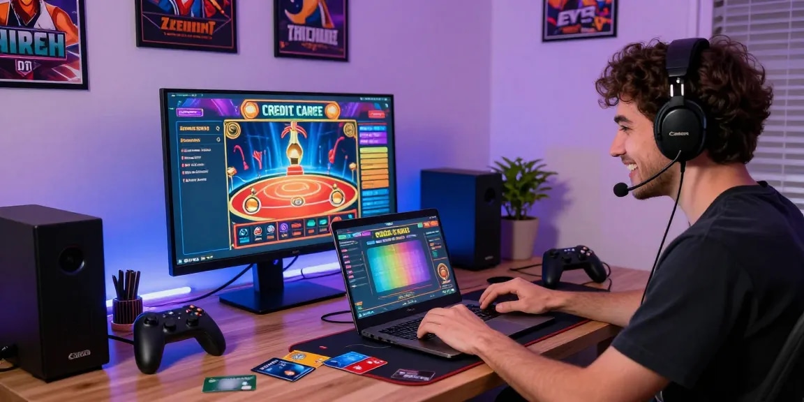 Engaged player gaming at credit card casinos at jumpspace.org.uk, featuring vibrant setup with credit cards, gaming gear, and lively atmosphere.