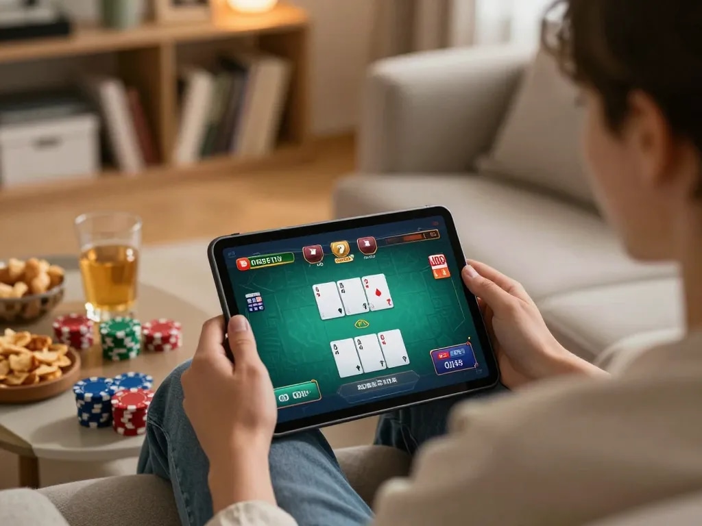Player enjoying vsc10 poker session on tablet while relaxing at home, surrounded by snacks and drinks.