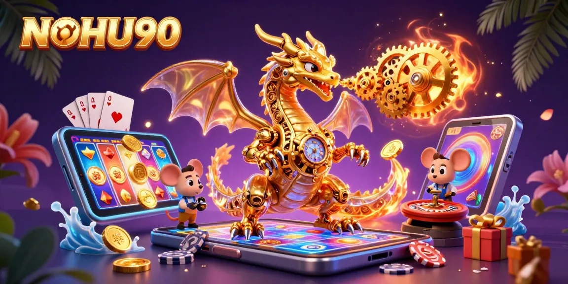 Experience thrilling wins at NOHU90 with a vibrant 3D casino illustration showcasing dynamic slot games.