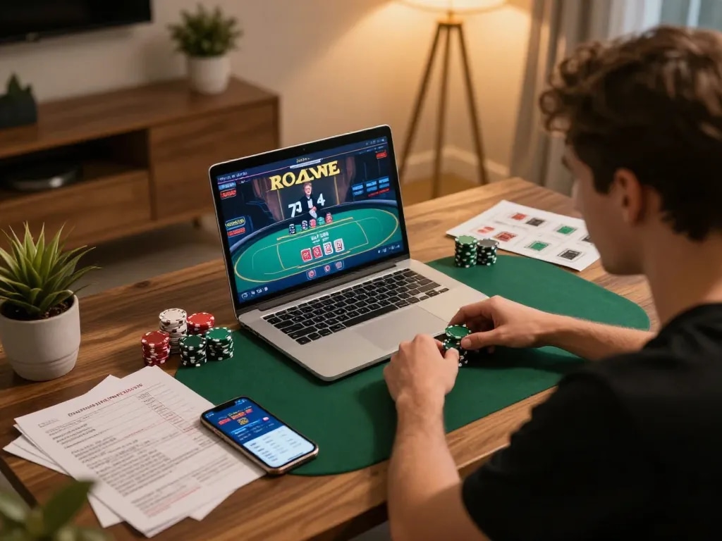 Engaged player enjoying fabet poker game on laptop with strategy notes around.