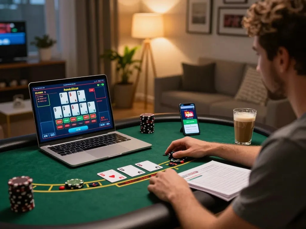 Engaging tg88 online blackjack gameplay with detailed cards, chips, and cozy home setup