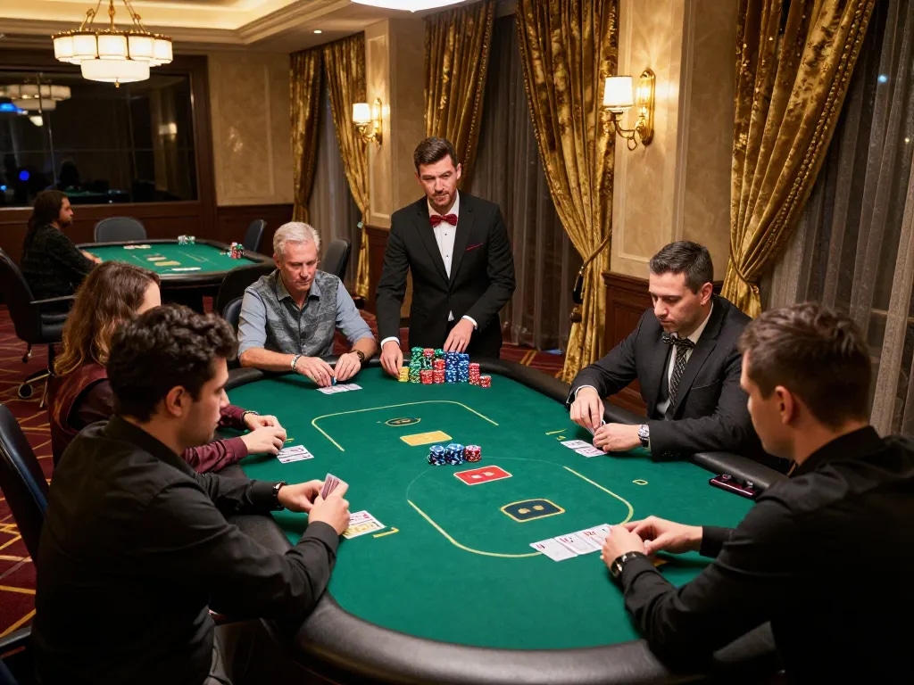 Players engaged in an intense poker game at VIPWIN casino, showcasing strategy and excitement.