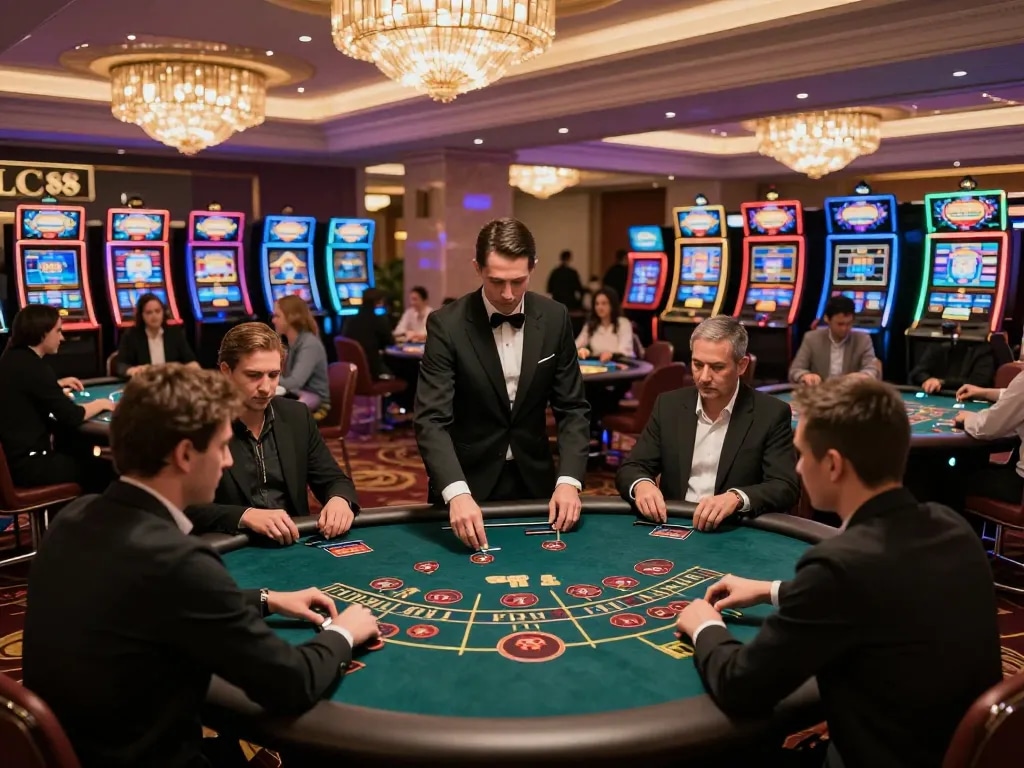 Players strategizing their bets at LC88 live casino tables amidst luxurious lighting
