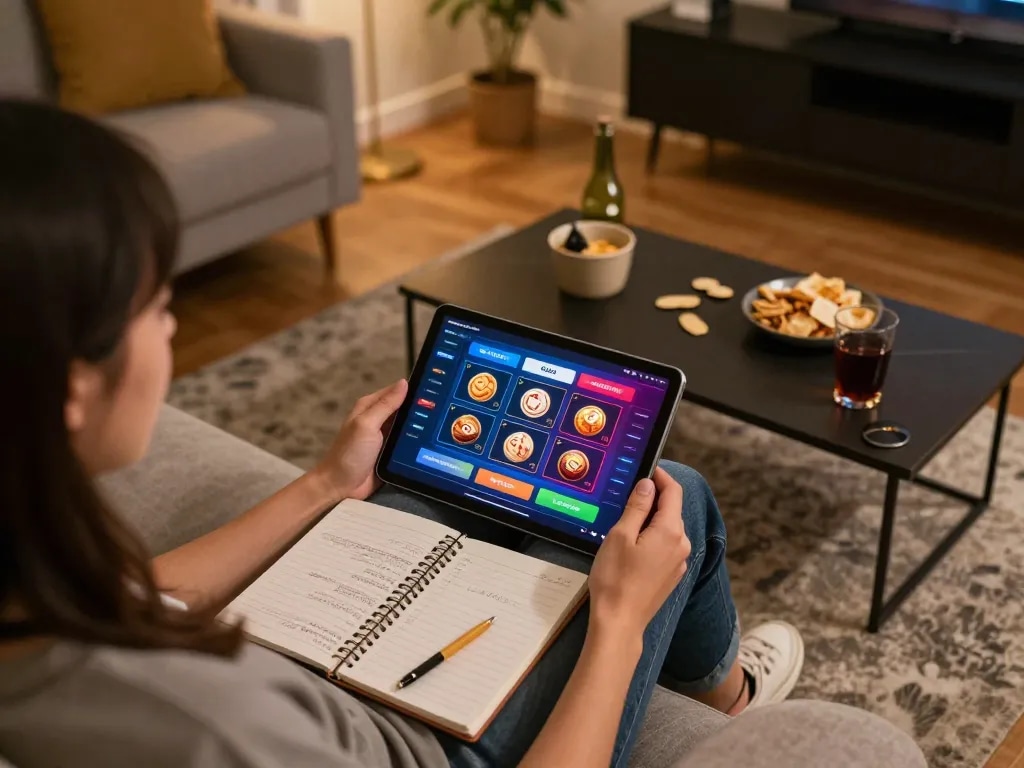 Kdtoto player enjoys online gaming experience on tablet in cozy home setting