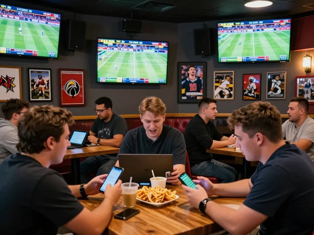 Cược thể thao action with bettors engaged in lively sports bar setting, multiple screens showing live events