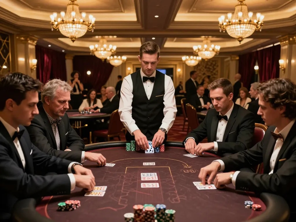 situs ggdewa777 players engaging in a professional poker game at a luxurious casino setting.