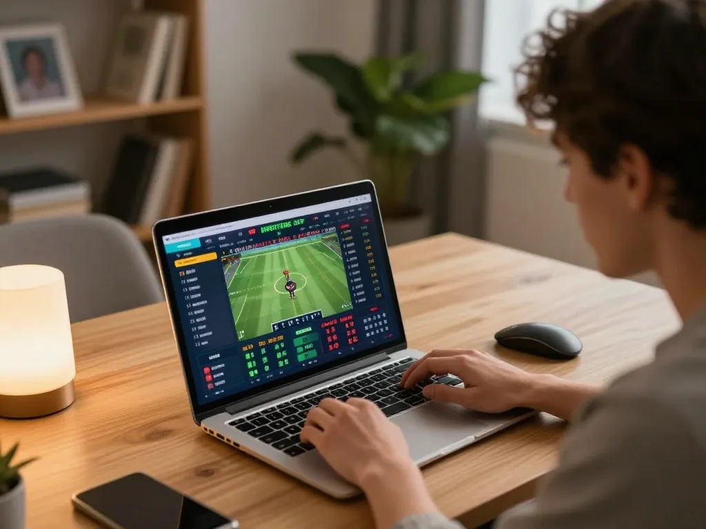 Engaged in sports betting on trang chủ o8, player analyzing odds and strategies from a laptop in a cozy home office.