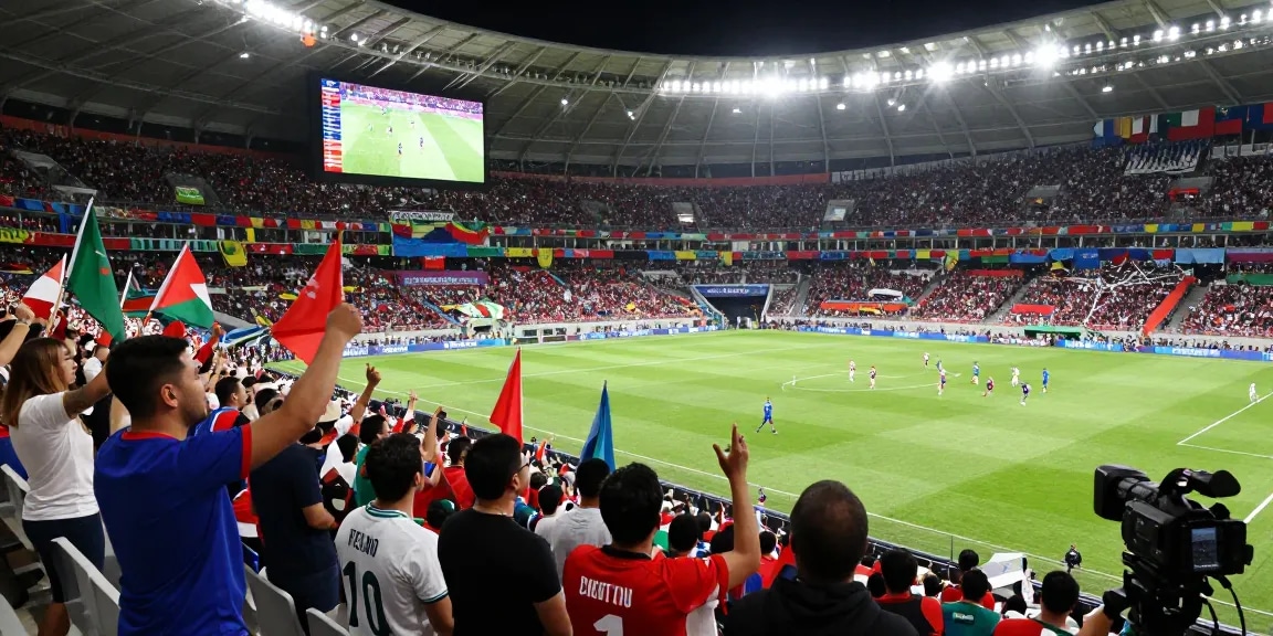 شاهدة مباريات كأس العالم بث مباشر as excited fans cheer in a packed stadium during a live soccer match.