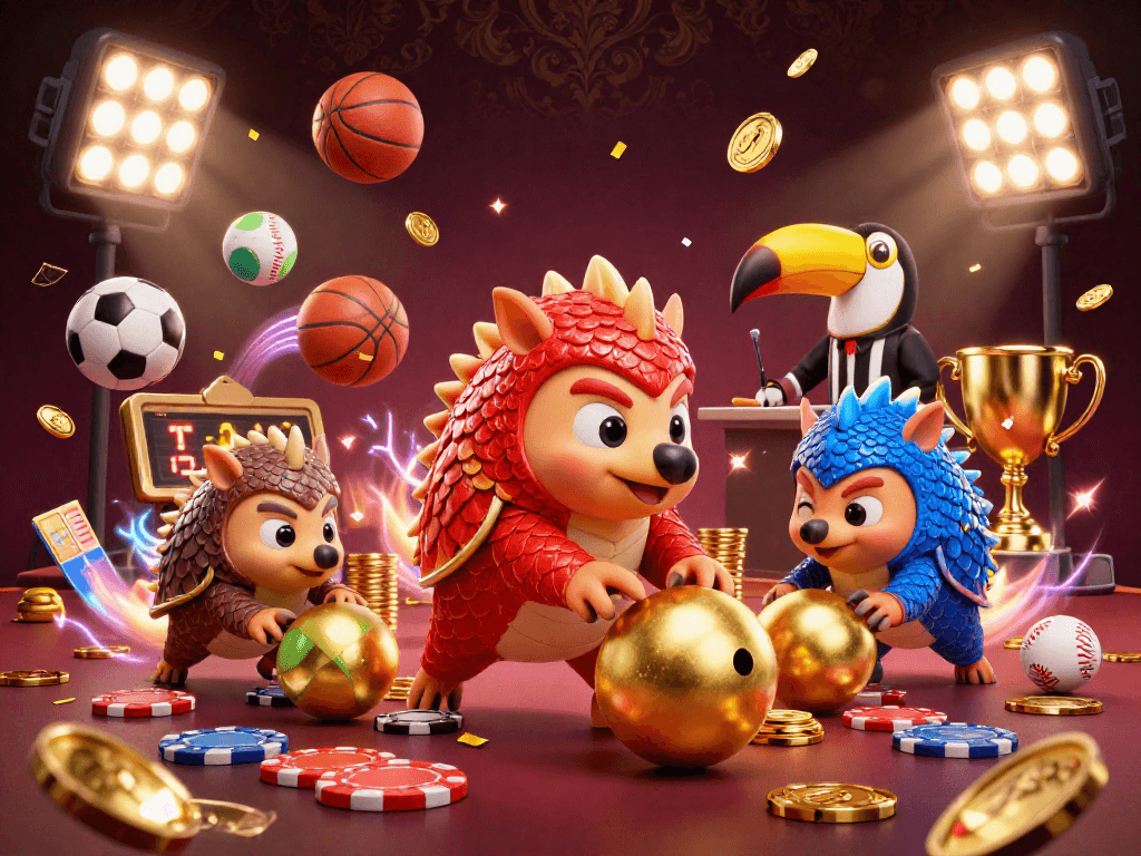 Rolling into rich winnings with winstrike69, this lively scene features cartoon pangolins in a playful gambling showdown.