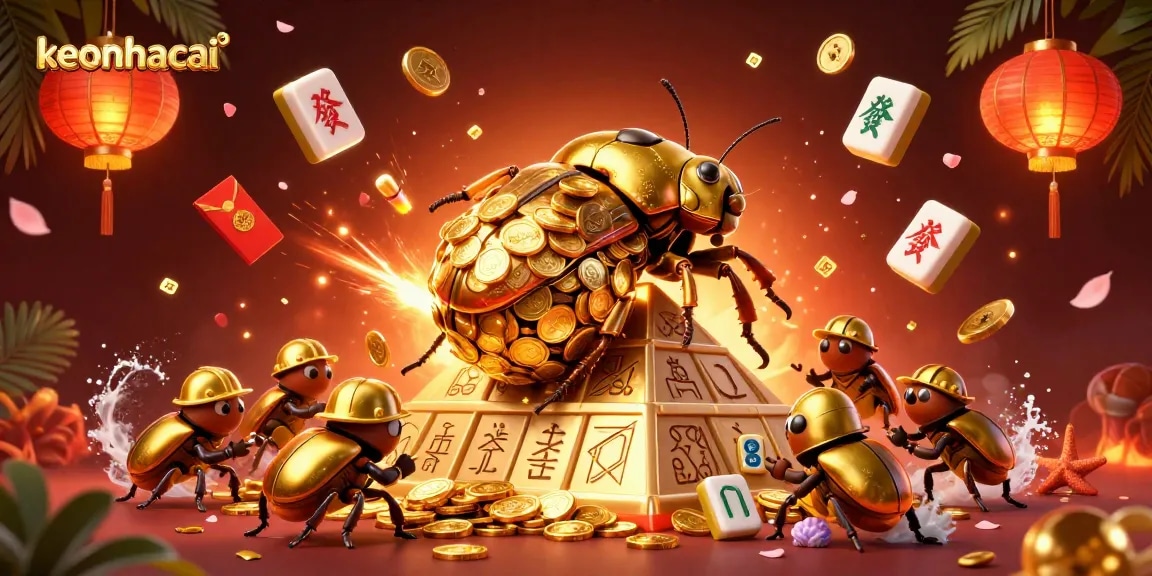 Experience the thrill of keonhacai with festive golden casino elements and dynamic beetles