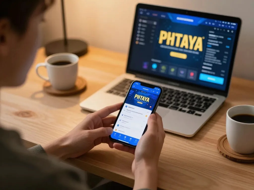 PHTAYA mobile gaming experience showcasing smartphone with engaging app interface in a comfortable home setting