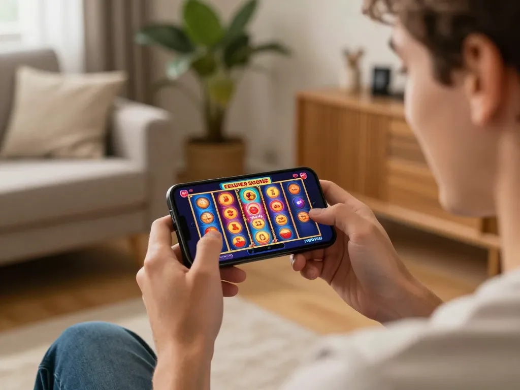 Player enjoying LGOSUPER mobile slots, showcasing enthusiasm with colorful spinning reels in a cozy home.