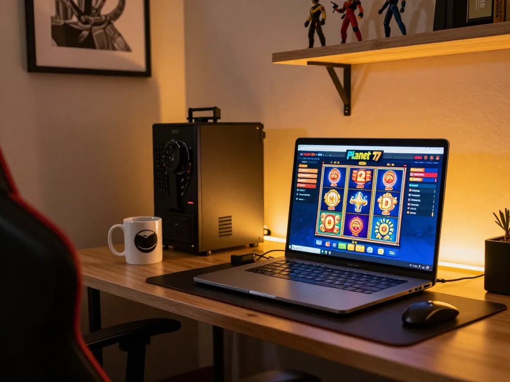 Pengalaman permainan online yang menarik di Planet 77 dengan berbagai permainan slot yang vibrant ditampilkan di laptop.
