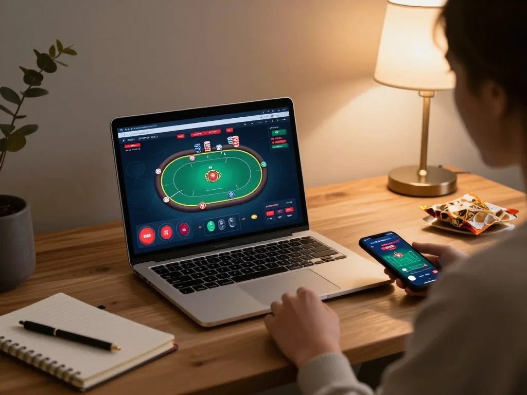 Engaged player enjoying XX88 online poker with laptop and smartphone, highlighting strategic gameplay.
