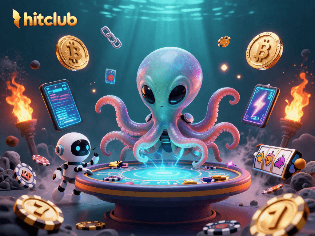 Hitclub showcases an alien octopus at a poker table with vibrant bitcoin and ethereum tokens.