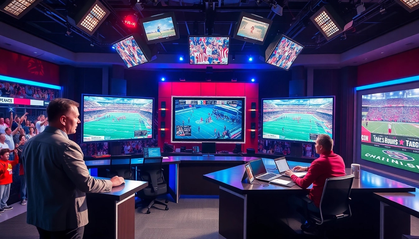 Engaging sports broadcasting scene with a host, vibrant atmosphere, live game screens.