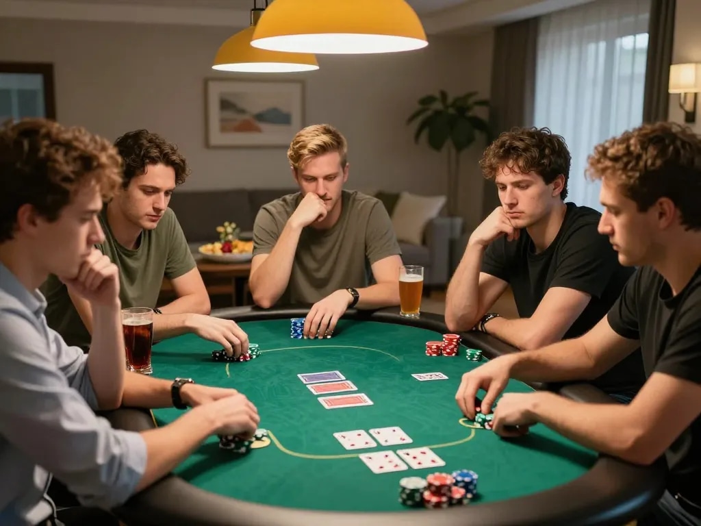People enjoying a thrilling poker night at home, practicing strategies for winstrike69.