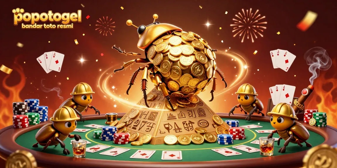 Experience excitement at popotogel bandar toto resmi with dynamic golden beetles rolling coins in a vibrant casino scene.