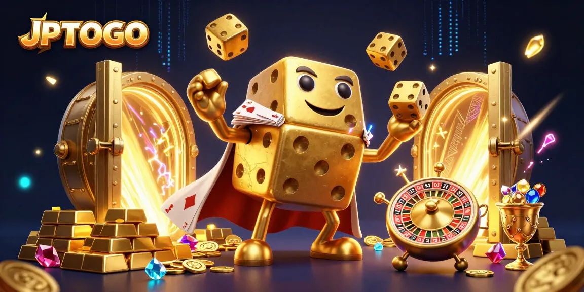 Experience exciting gameplay with JPTOTO's dazzling golden dice golem and treasure-filled casino backdrop.