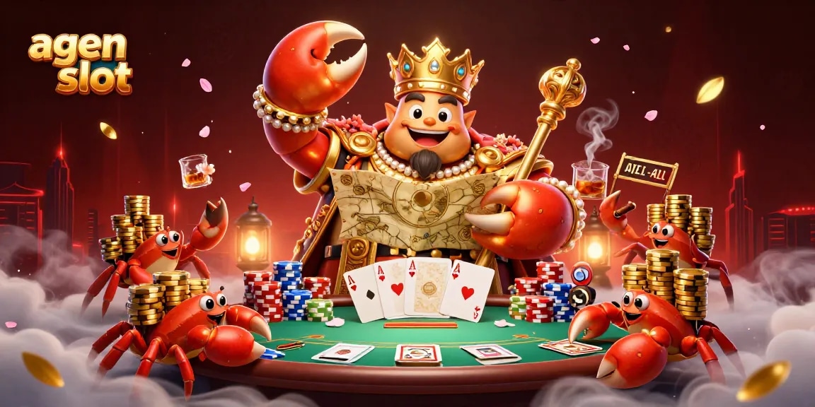 Menghadapi agen slot dengan peluang menang maksimal, dikelilingi simbol keberuntungan dan chip poker berwarna-warni.