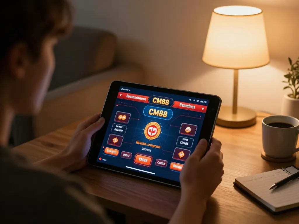 Player enjoying a strategic session on CM88 casino platform in a cozy home setting.