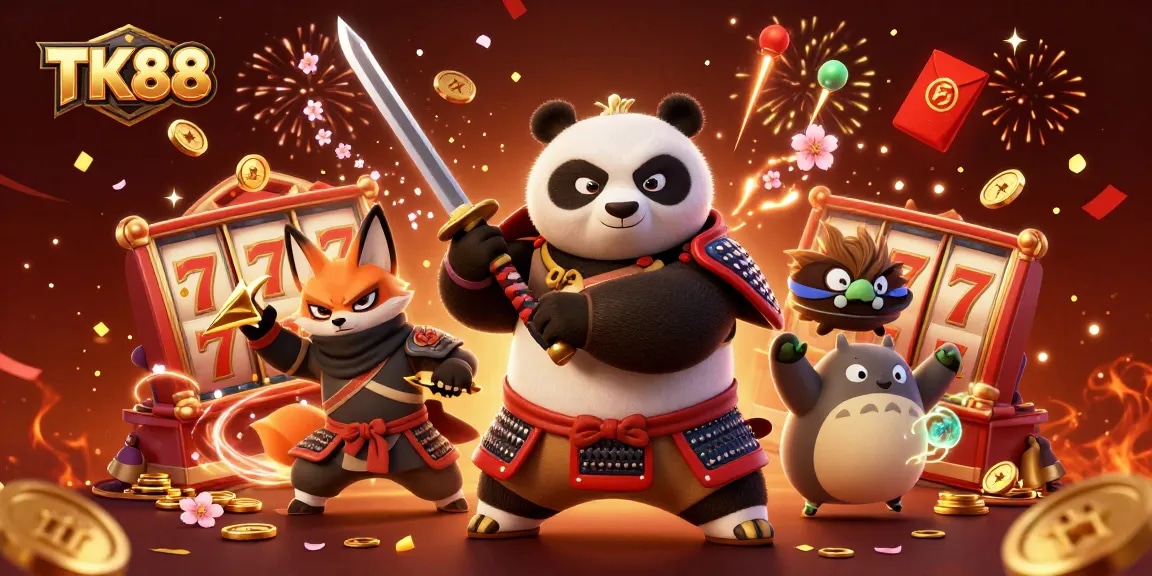 Engage with TK88's thrilling experience featuring samurai panda and ninja fox amidst high-stakes slot action.