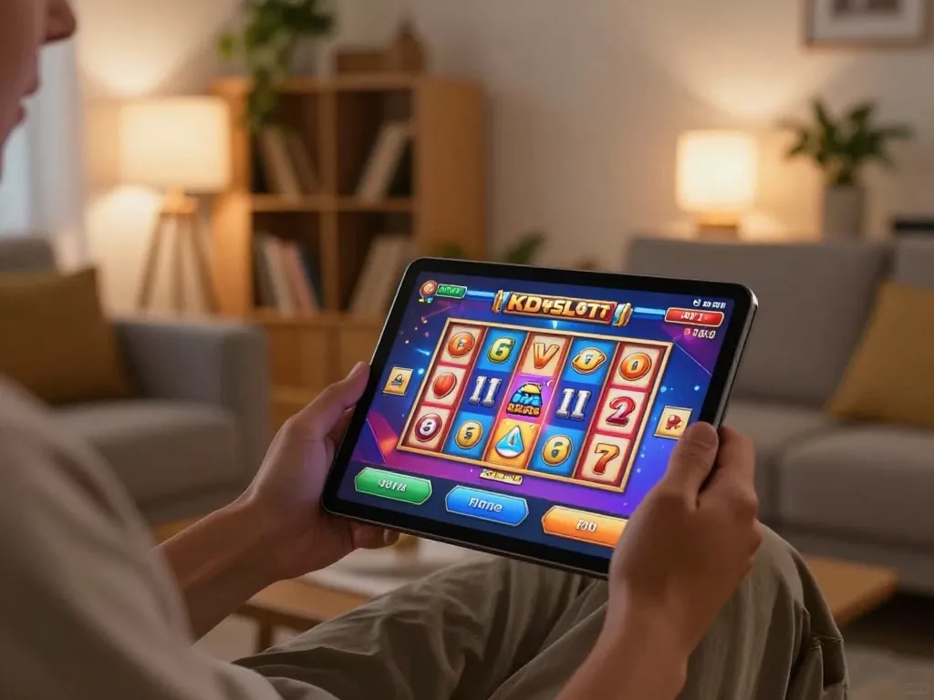 A player engaging with kdslot games on a tablet in a cozy home setting, promoting a relaxed gaming atmosphere.