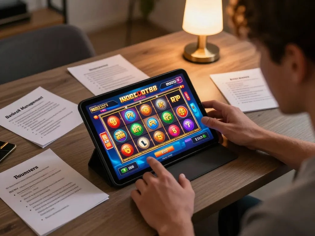 Engaging moment showcasing fitur baru INDOSLOT88 tahun 2026 as a player enjoys a popular slot game on a tablet, emphasizing interactive gameplay.