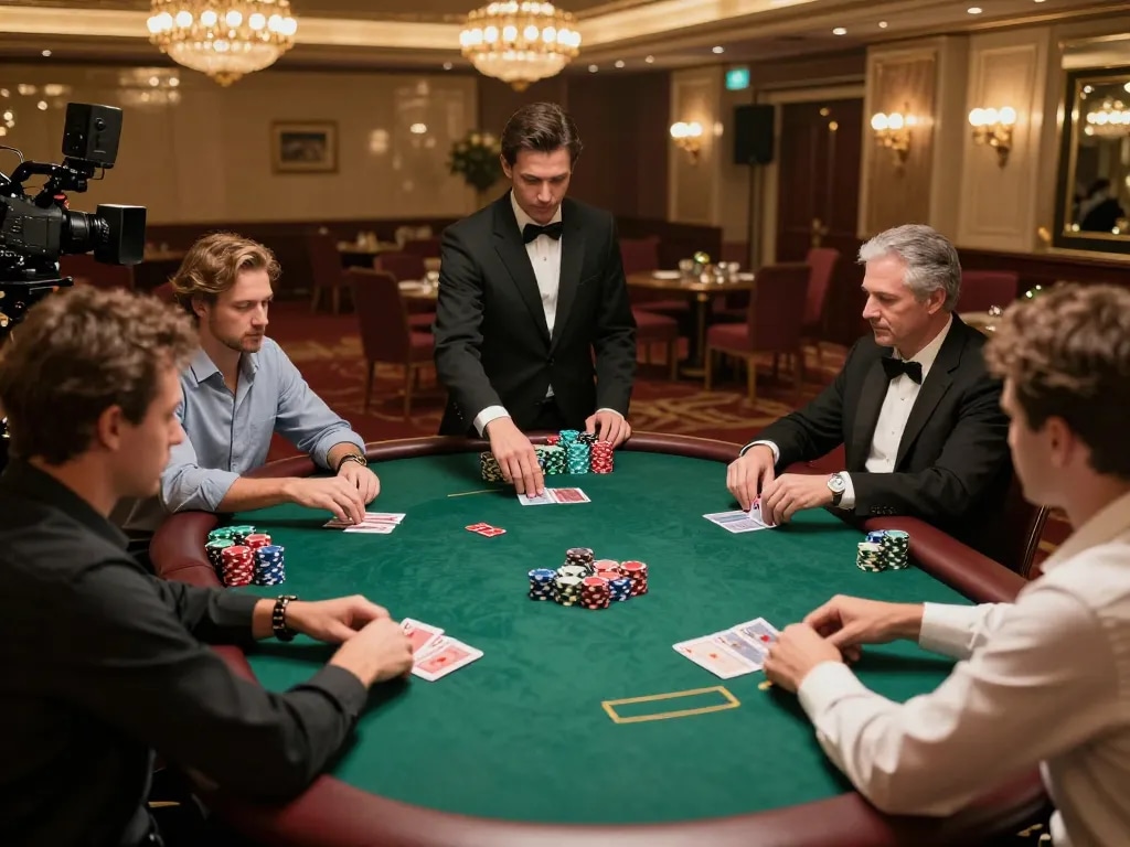 Permainan poker Leci123a di pengaturan kasino mewah dengan pemain yang fokus pada strategi.