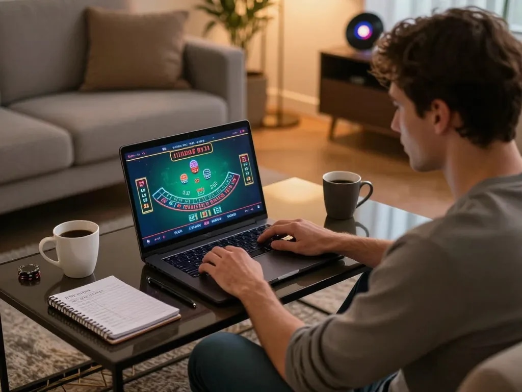Player engaging in a live dealer blackjack game on a laptop at home, showcasing gen-e strategies and excitement.
