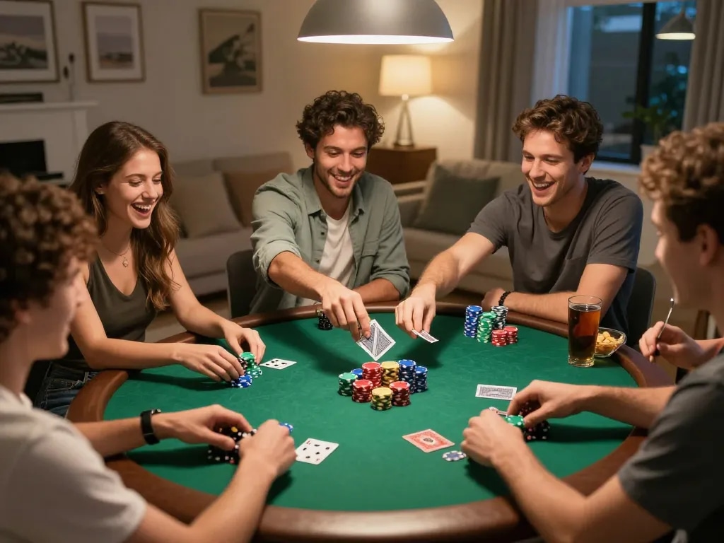 Friends enjoying an engaging MPOID poker game night with vibrant chips and lively atmosphere.