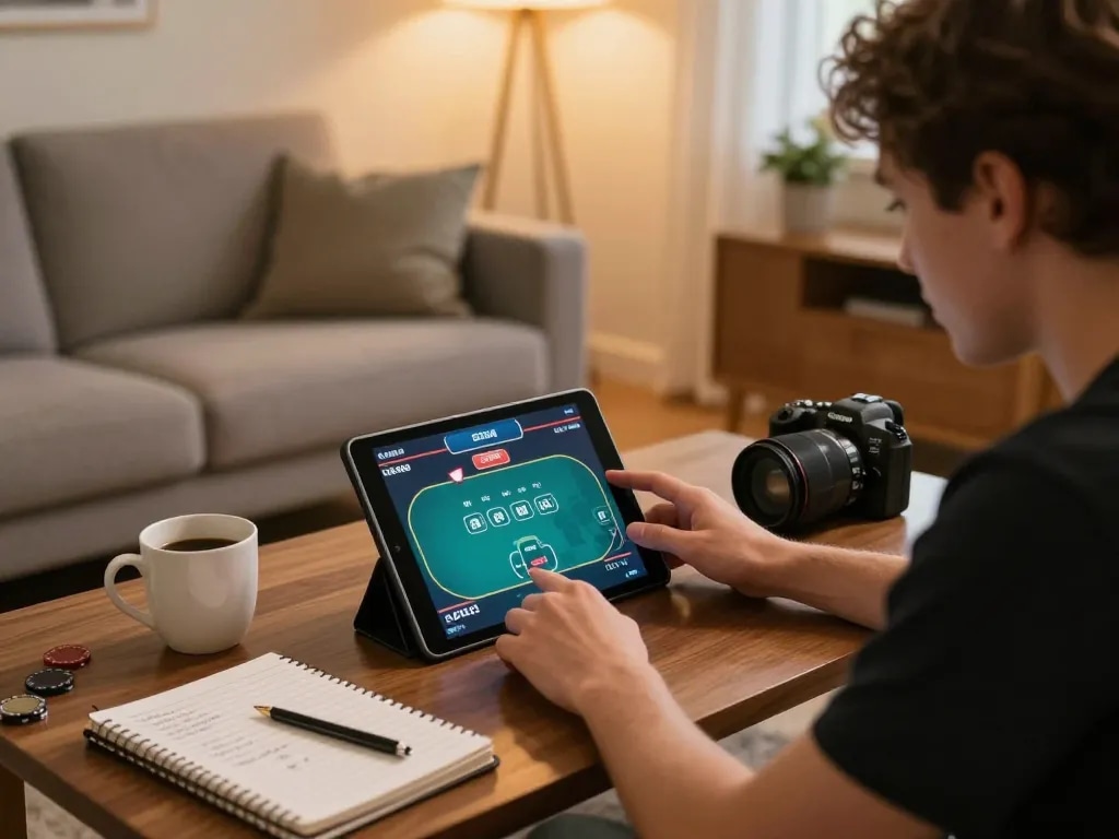Engaging in online casino gaming with kp88 poker app at home, reflecting strategic betting.