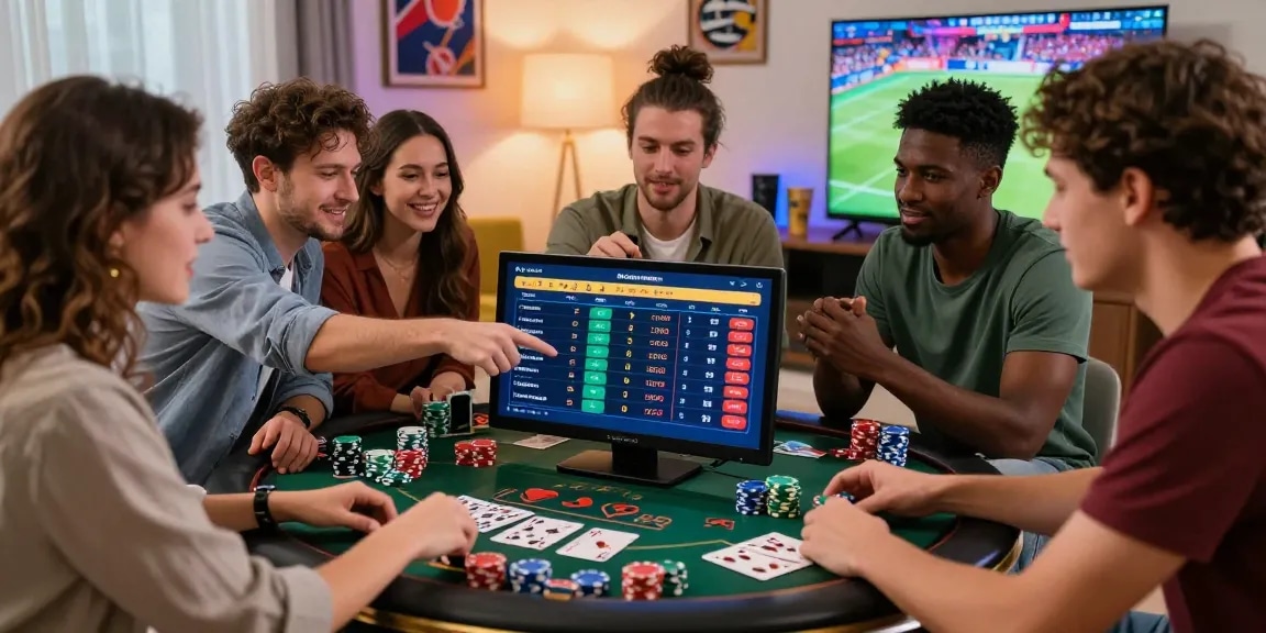 Friends engaging with coloksgp link alternatif on a digital device surrounded by poker chips and a live sports event.