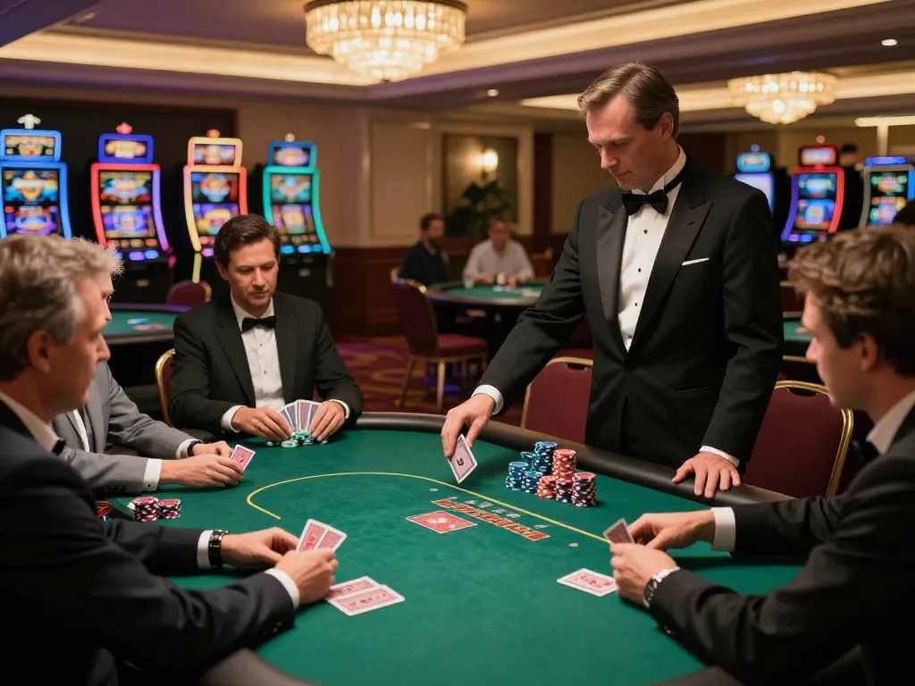 Players at TR88 poker table strategizing their next move in a luxurious casino setting