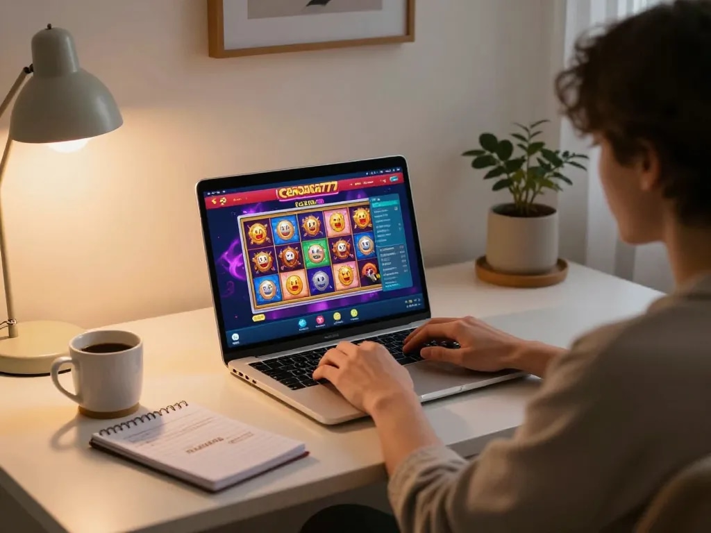 Cendana777 user enjoying an online casino session with vibrant slot graphics on laptop.