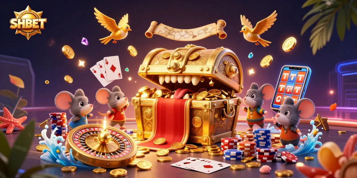 Experience winning strategies with SHBET in this dynamic 3D casino illustration showcasing adventure and riches.