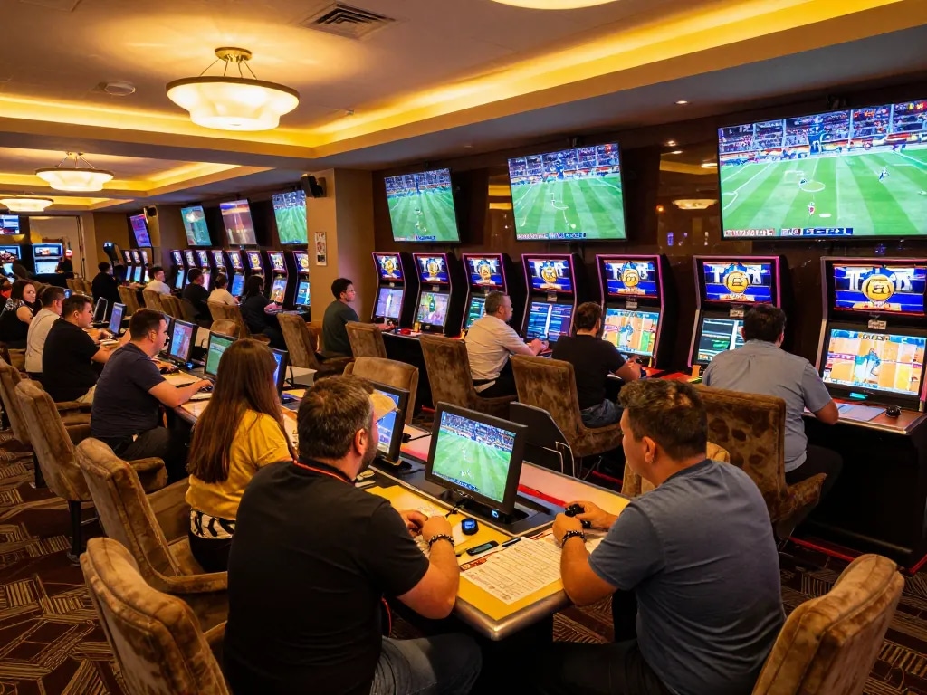 F168 patrons placing bets in a vibrant sports betting area, showcasing excitement and engagement.