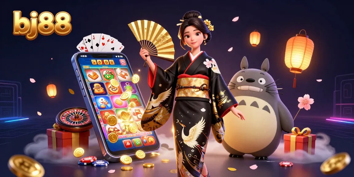 Engage with bj88's thrilling gaming experience featuring an elegant woman, tanuki, and vibrant casino elements.
