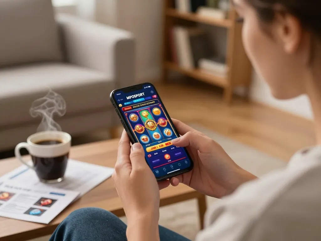 Engaging with the MPOSPORT app for online slot gaming in a cozy living room.