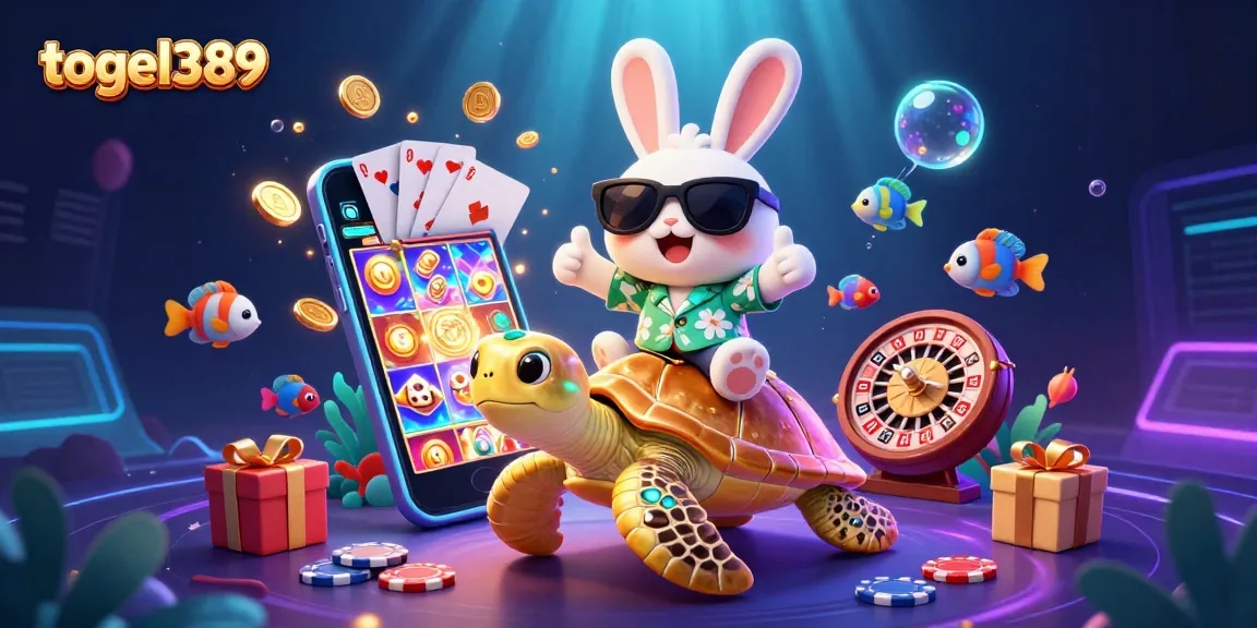 Spin the reels and win with togel389 in a vibrant 3D casino scene featuring our lucky rabbit and golden sea turtle.