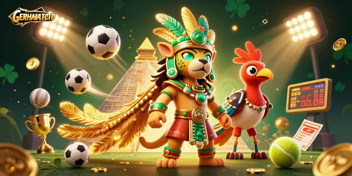 GERHANATOTO menghadirkan suasana taruhan dengan piala emas dan bola olahraga yang dinamis.